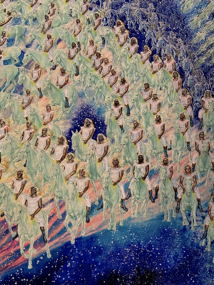 Heavenly armies emerging from cosmic center